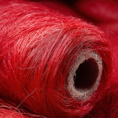 Poster - Close up of vibrant red yarn spool showing texture and detail for textile and craft projects creating warmth and depth in a studio setting with a macro lens