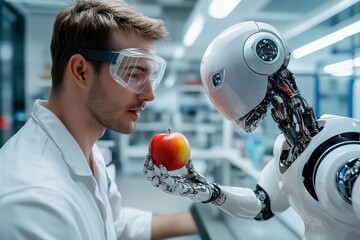 Poster - Man gives robot an apple in a lab. It can show AI learning or future food.