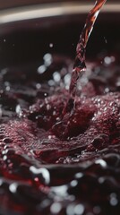 Poster - Captivating close up of rich red wine pouring into a glass creating dynamic bubbles and ripples with a dark moody background showcasing texture and movement