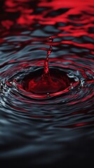 Poster - Crimson liquid drop impact creating concentric ripples on dark surface in macro shot with dramatic light and shadow evoking intense emotion and captivating visual effect