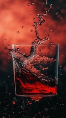 Poster - Captivating close up of red liquid splashing dynamically in a glass against a blurred backdrop creating a sense of motion and energy in a dramatic composition