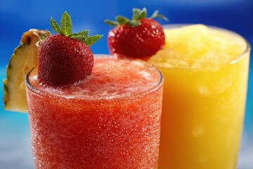 Poster - Refreshing summer smoothies with vibrant colors and juicy strawberry garnish on a bright blue background perfect for a tropical vacation or a healthy lifestyle