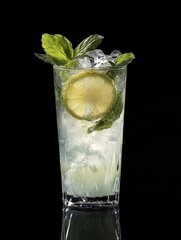 Poster - Refreshing mojito cocktail with lime and mint against black backdrop studio shot for summer freshness and vibrant visual appeal perfect for stock photography