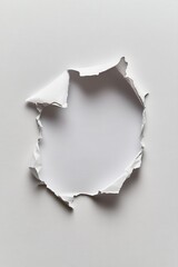 Poster - Torn paper revealing a blank space for message or design, abstract minimalist concept, clean white background, studio shot, high angle, contemporary style.