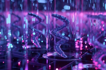 Poster - a digital representation of a biotech lab featuring glowing, intricate molecular structures in glass