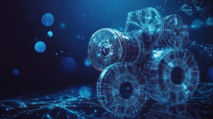 Poster - abstract digital rendering of a turbine engine, glowing with blue light and interconnected nodes.