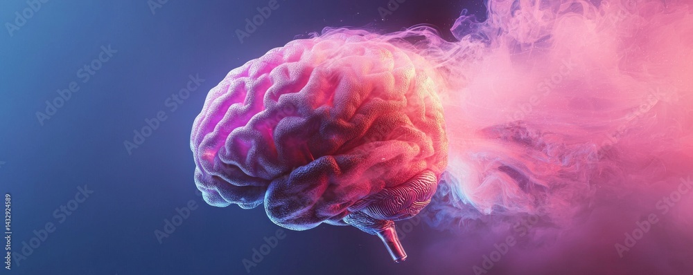 Abstract representation of a brain illuminated with colorful smoke and ...