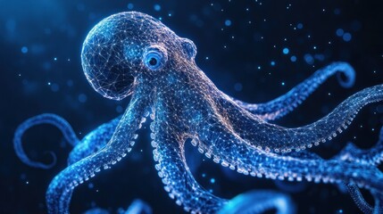 Poster - Abstract glowing blue octopus in dark water.