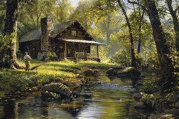 Aufkleber - Rustic Log Cabin by a Tranquil Stream With a Fisherman, A rustic cabin nestled by a stream, with a fisherman peacefully casting his line from the front porch