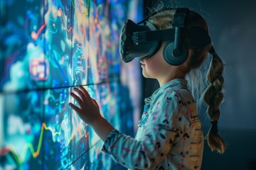 Poster - a young girl wearing a vr headset reaches out to touch a large interactive display filled with color