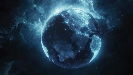 Poster - Technology network connection in the world. Global digital AI connections. World cybersecurity. Abstract blue sci-fi planet earth with particles and lines.