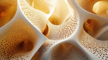 Poster - Abstract 3D render of porous, organic forms in warm tones.