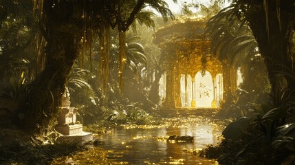 Wall Mural - lush jungle landscape with water and building bathed in golden sunlight.