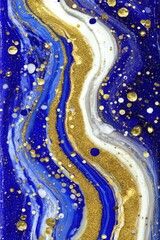 Poster - Elegant fluid art with blue, gold, and white swirls creating a luxurious marble effect, perfect for sophisticated design projects and artistic backgrounds with a modern style