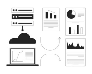 Fototapete - Cloud analytics and reports trend arrows 2D line objects set. Laptop chart, server rack, analysis graphs paperwork isolated cliparts vector ink outline items. Monochrome spot illustrations collection