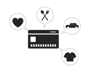 Fototapete - Credit card with spending categories line illustration concept. Budgeting. Cost management. Daily expenses in speech bubbles, creditcard outline 2D object isolated. Ink linear metaphor vector art