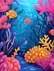 Poster - Vibrant underwater world illustration with colorful coral reefs and playful fish swimming in clear blue sea
