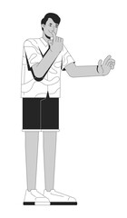 Poster - Thoughtful indian man in casual summer outfit 2D line character. Thinking south asian guy in patterned shirt planning vacation isolated vector ink outline person. Monochromatic spot illustration