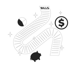Fototapete - Long utility bill surrounded by financial symbols line illustration concept. Piggy bank, pie chart, dollar coin. Expenses sheet outline 2D object isolated. Ink linear metaphor vector art