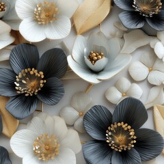 Poster - Elegant floral arrangement featuring white gray and gold flowers with intricate details and soft lighting creating a sophisticated and artistic botanical composition