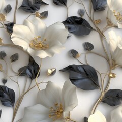 Poster - Elegant floral arrangement featuring white flowers black leaves and golden stems on a clean white background creating a sophisticated and luxurious aesthetic
