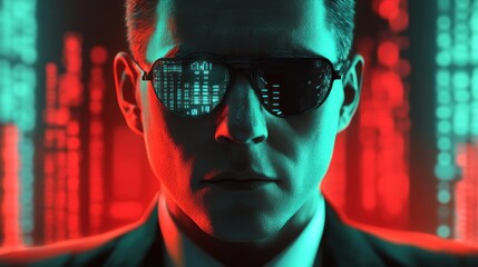 Poster - Man in sunglasses with code reflected, neon market backdrop