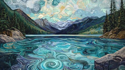Wall Mural - mountain lake landscape with swirling water and cloudy sky impressionistic style.