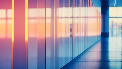 Poster - Stunning reflections bring a vibrant ambiance on modern hallway walls during early evening hours Generative AI