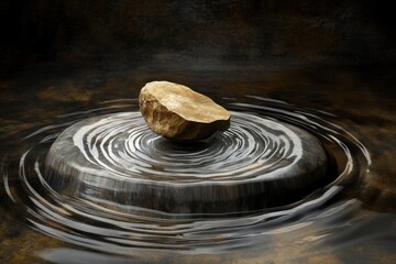 Poster - Serene zen stone balanced over water creating ripple effect in dark moody background artistic composition for meditation and mindfulness concept