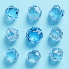 Poster - Captivating arrangement of translucent blue ice cubes on a soft pastel blue background creating a refreshing and cool visual mood with a clean studio style