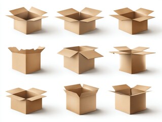 Poster - Collection of Open Brown Cardboard Boxes on a White Background, Illustrating Packaging and Shipping Options, Presented in a Clean and Simple Style, Ideal for E-commerce