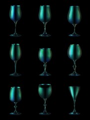 Poster - Elegant iridescent glassware collection against a black background showcasing artistic design and modern aesthetics for sophisticated dining and barware concepts