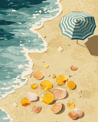 Poster - Serene beach scene with turquoise sea water washing ashore on sandy beach with seashells and blue striped umbrella offering shade in summer season