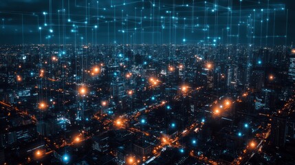 Poster - Futuristic city at night with digital network connections.