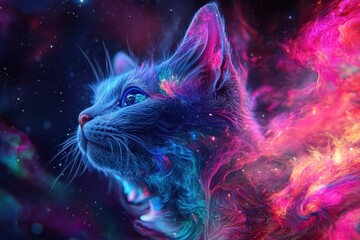 Poster - Generative AI portrays a cat with a stunning galaxy view in vibrant colors and cosmic details, cat with galaxy view
