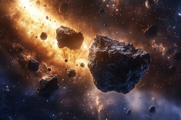 Wall Mural - asteroids drift through a cosmic landscape illuminated by stellar light in the future, asteroids in 