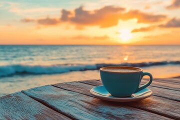 Wall Mural - Enjoying a peaceful moment with a coffee cup by the beach at sunset, Coffee cup on a table by the beach during a beautiful sunset Serene ocean  concept