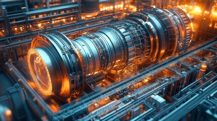 Poster - futuristic industrial turbine engine in a factory setting with glowing orange components.