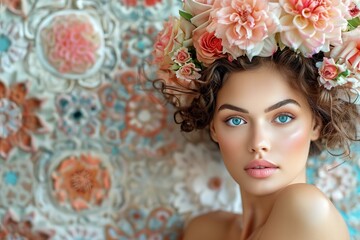 Poster - Floral Crowned Female Model Posing in Fashionable Setting