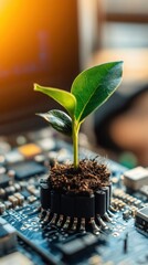 Poster - Sprout growing on a computer chip symbolizing technology and nature with vibrant green leaves soil and electronic components showcasing innovation and growth in digital era