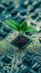 Poster - Green Sprout Growing from Computer Chip on Circuit Board Symbolizing Environmental Technology and Sustainable Innovation with a Shallow Depth of Field and Close Up Angle