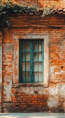 Poster - Rustic Charm of an Old Brick Wall with a Teal Window and Lush Greenery in a Vintage Italian Setting Capturing Architectural Detail and Timeless Beauty