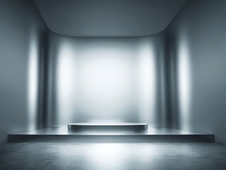 Poster - Minimalist studio scene with a platform for product display in a modern architectural setting with soft lighting and a cool color palette ideal for showcasing design