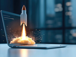Aufkleber - rocket launching from laptop symbolizes innovation and technology. scene captures excitement of digital advancements and potential for growth in tech industry