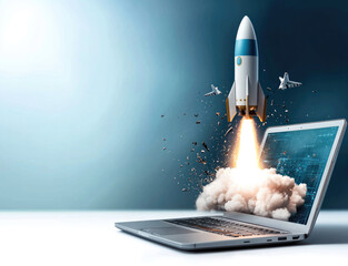 Poster - Rocket launch from laptop digital innovation technology concept creative design futuristic illustration cloud explosion startup idea modern workspace inspiration breakthrough