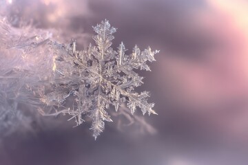 Poster - Captivating macro shot of a delicate snowflake displaying intricate crystalline structure against a soft pastel background creating a serene winter atmosphere with a dreamy aesthetic