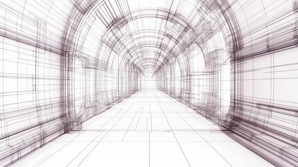 Poster - Architectural rendering of a long, arched hallway, shown as a wireframe model.