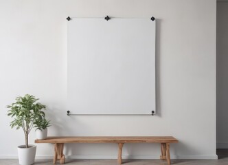 Wall Mural - Clean white wall, contemporary poster displayed with wooden clips ,  modern,  poster