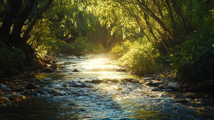 Wall Mural - stream flows through a forest with sunlight filtering through the trees.