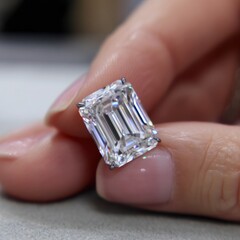 Poster - Radiant emerald cut diamond held gently by manicured fingers showcasing brilliance and clarity a symbol of luxury and timeless elegance captured in a soft light